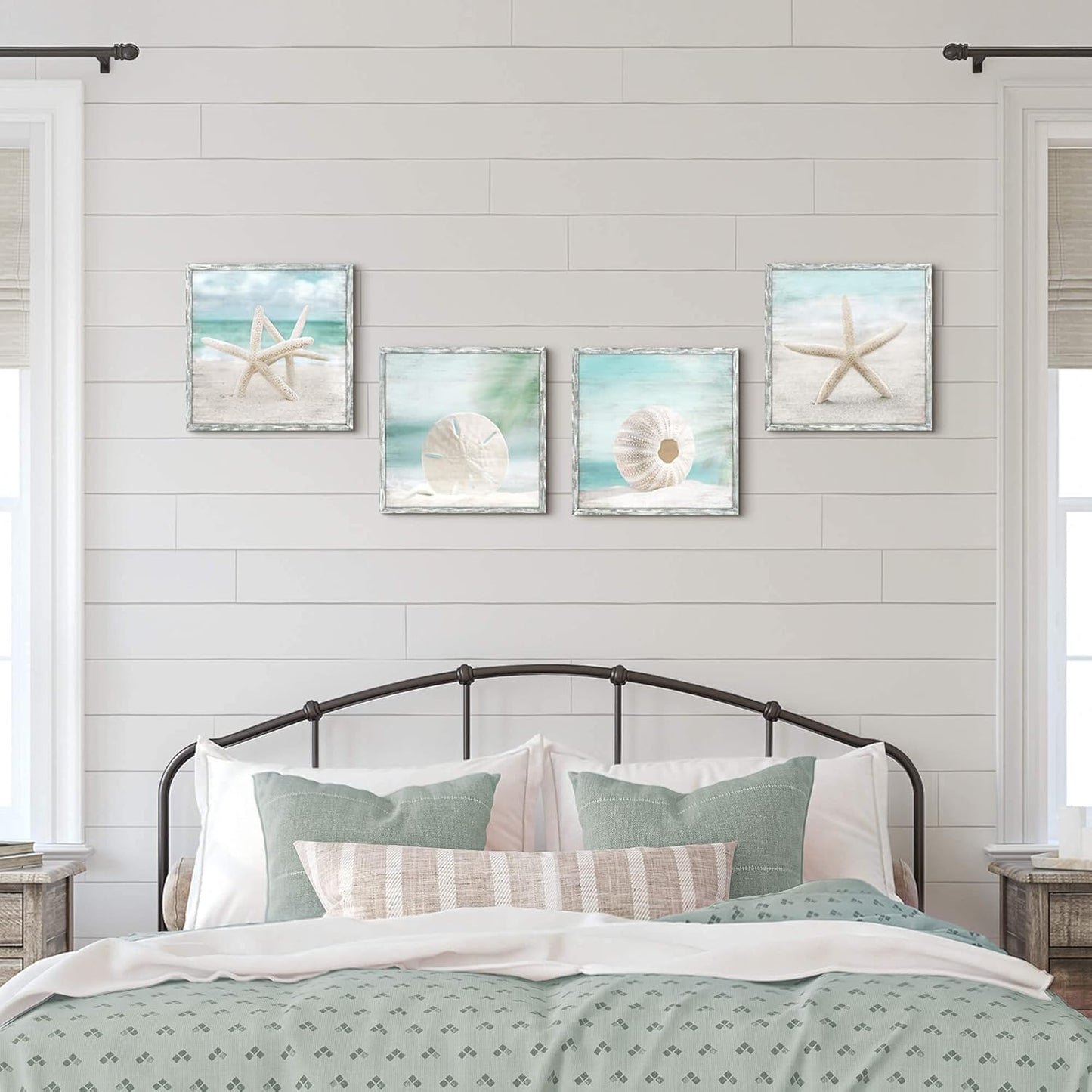 Beach Framed Wooden Wall Art: Coastal Artwork Set of 4 Starfish Seashell & Sand Dollar Pictures Ocean Prints for Home Decor