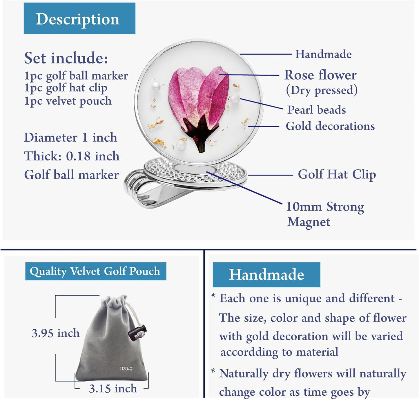 Golf Ball Marker hat Clip with Ball Marker, Handmade Pressed Flower Golf Marker, Golf Gifts, Golf Accessories for Women