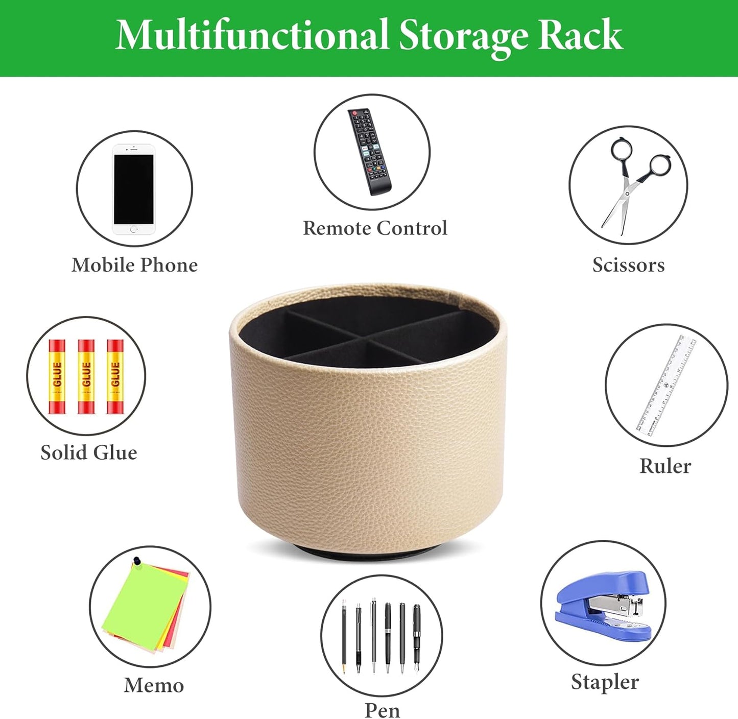 Hennaja Round Leather Art Supply Organizer,Remote Control Holder,360 Degree Spinning,Multi-Functional Pencil Holder,4 Compartments Desktop Stationary Organizer(1-Lichee Gold)