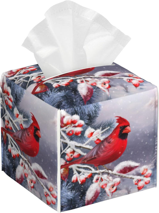 Christmas Red Cardinal Tissue Box Cover Square,Winter Christmas Cardinal Bird Tissue Box Holder Waterproof Leather Facial Paper Organizer Dispenser for Bathroom Home Car Nightstand Vanity Desk