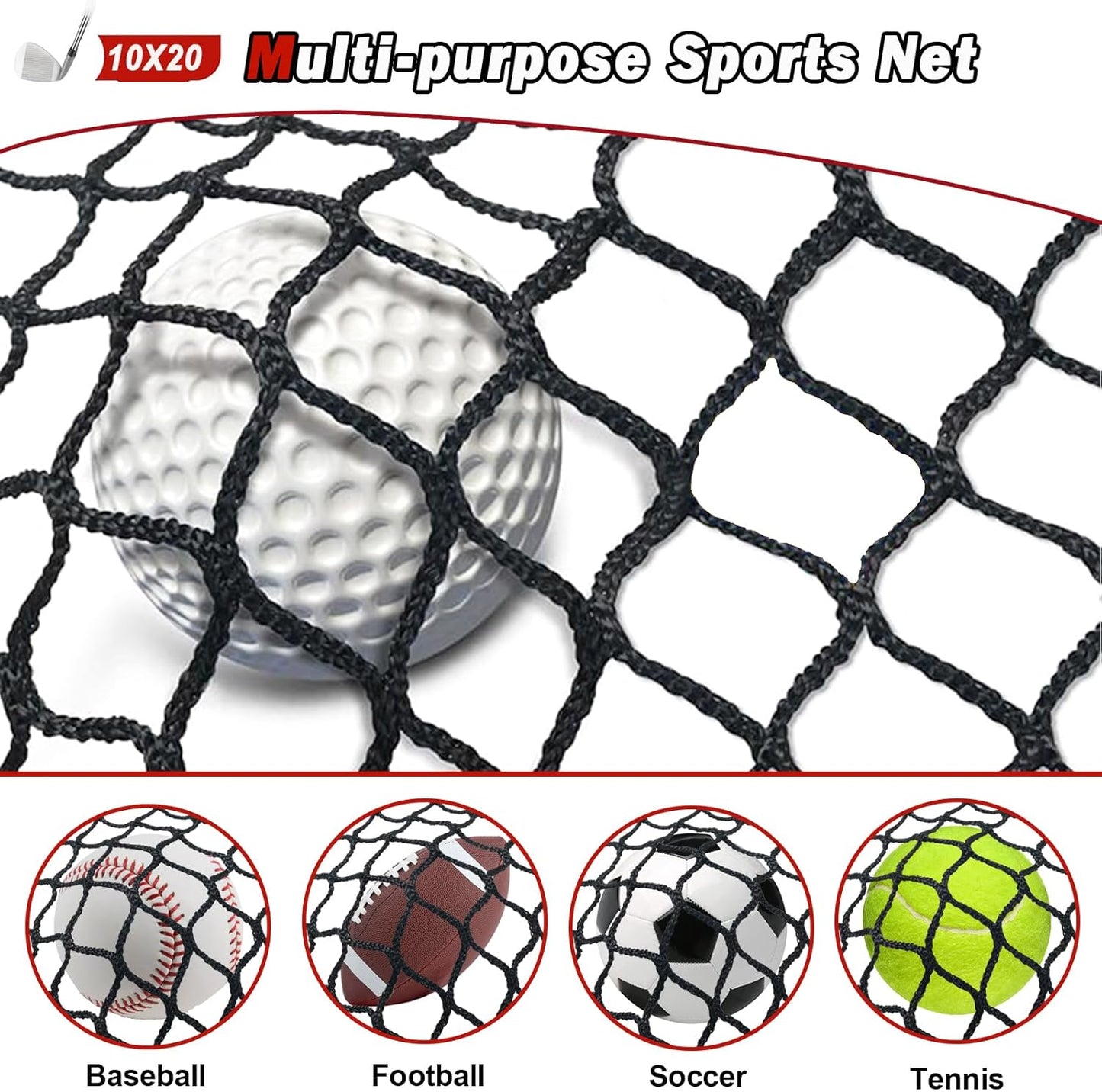 Sports Netting - Heavy Duty Ball Net for Golf, Baseball, Hockey, Soccer