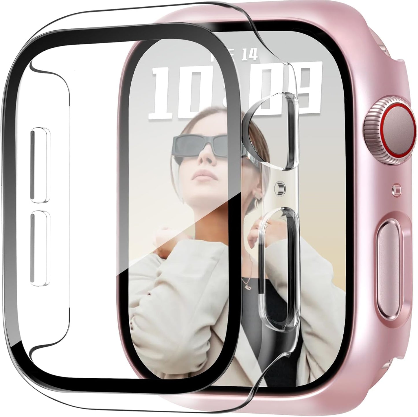 JR.DM 46mm 2 Pack Hard PC Case with HD Tempered Glass Screen Protector for Apple Watch Series 10/11 (2025), Guard Bumper Full Coverage Protective Anti-Scratch Face Cover for iWatch, Pink/Clear