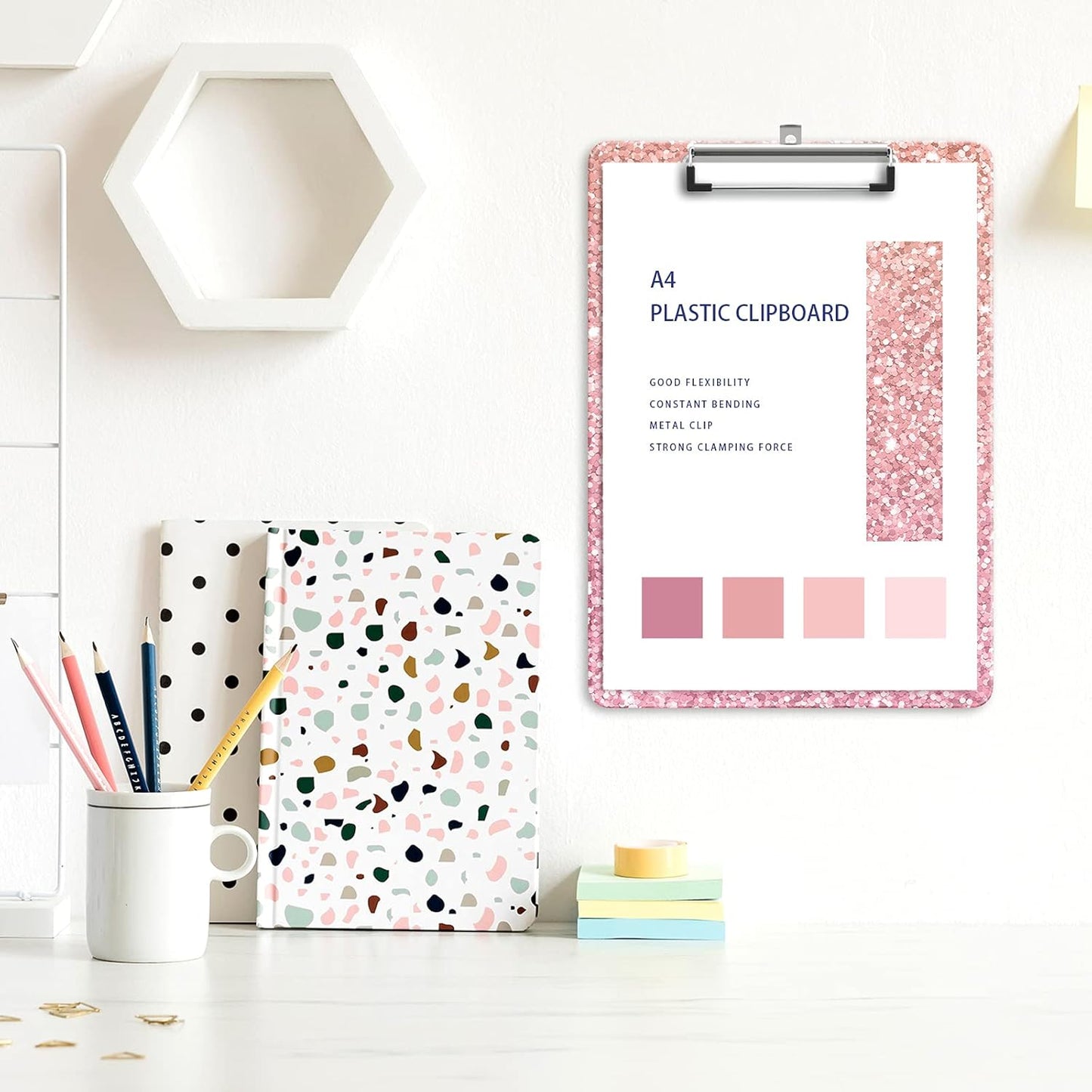 Plastic A4 Clipboards, Cute Clip Board Stardard Letter Size 9 x 12.5 in, Office Decorative for Students Women Men and Kids, Pink Scales