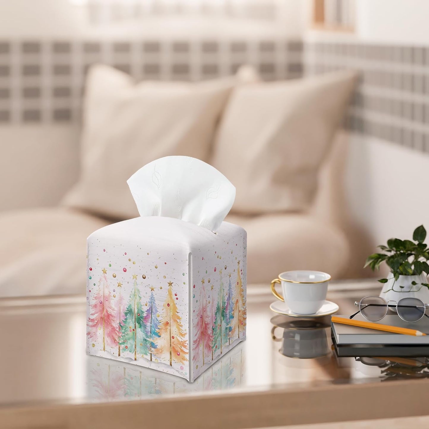 Women Tissue Box Holder, Colorful Christmas Tree Leather Tissue Box Cover Square, Paper Facial Decorative Tissues Cover for Night Stands Bathroom Kitchen Office Home Decor-B19