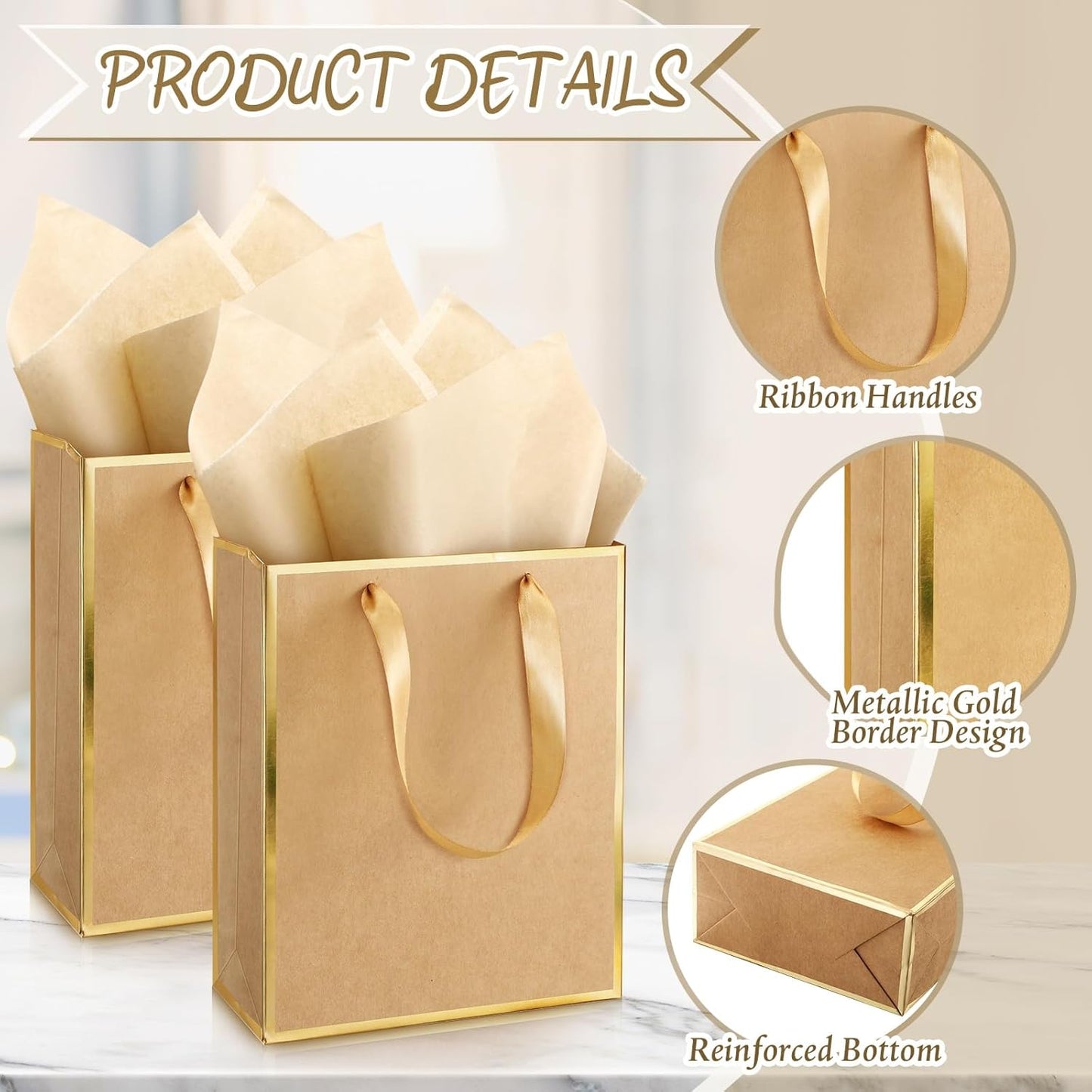 Yeaqee 24 Pack Metallic Paper Gift Bags with Handle and Tissue 9x7x3.1 Gold Foil Welcome Favor Bags Return Gifts for Wedding Fall 5 Senses Christmas Bridesmaid Birthday(Kraft, Gold)
