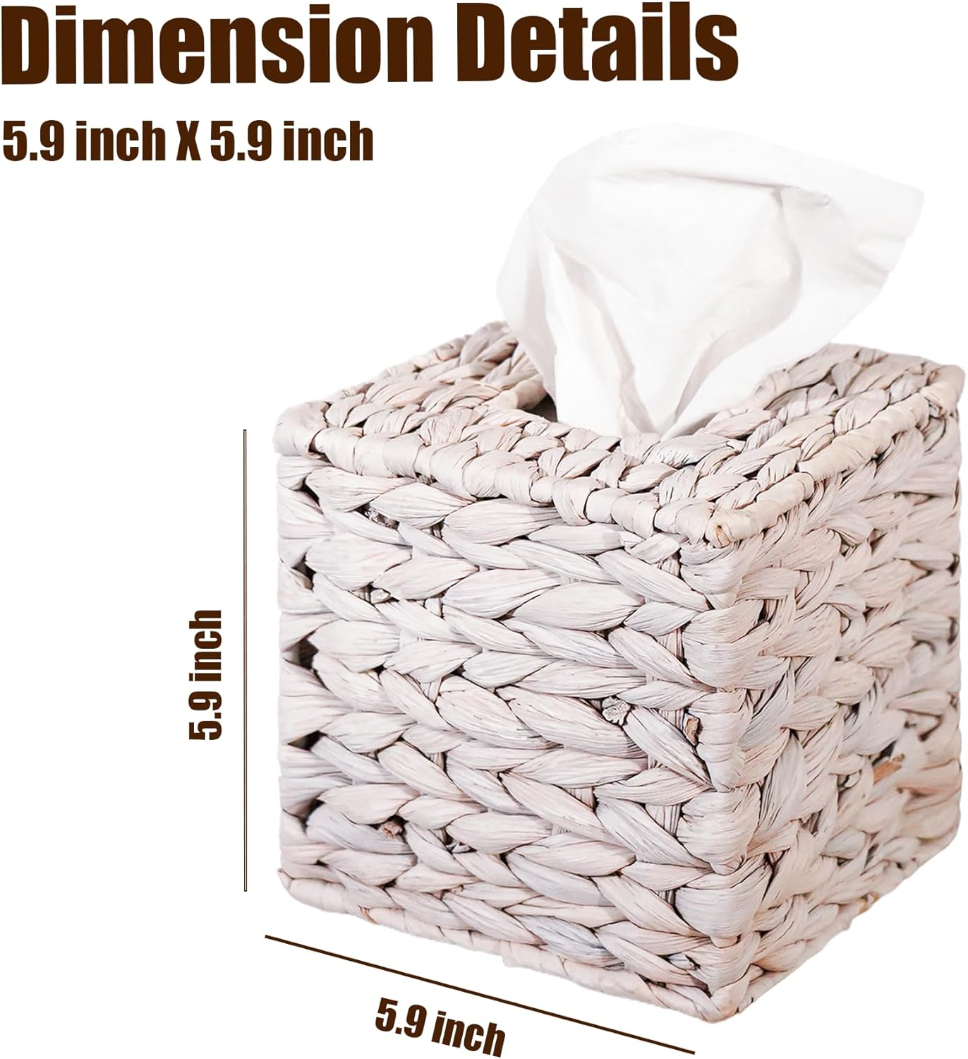 Water Hyacinth Handwoven Tissue Box Cover, Natural Handmade Wicker Napkin Box Holder, Handcrafted Square Facial Tissue, Rustic Decorative on Table and Bathroom, Office, Boho Decorative, Whitewash