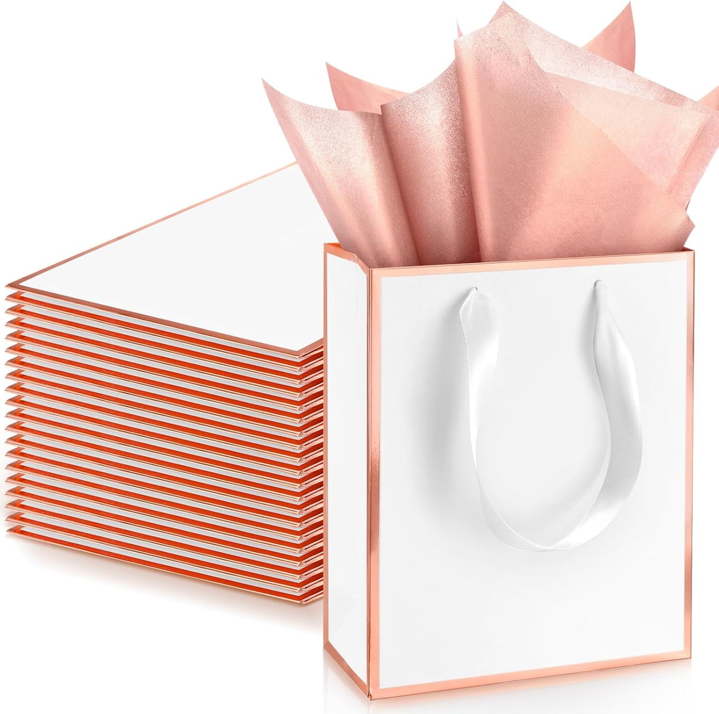 Yeaqee 24 Pack Metallic Paper Gift Bags with Handle and Tissue 9x7x3.1 Gold Foil Welcome Favor Bags Return Gifts for Wedding Fall 5 Senses Christmas Bridesmaid Birthday(White, Rose Gold)