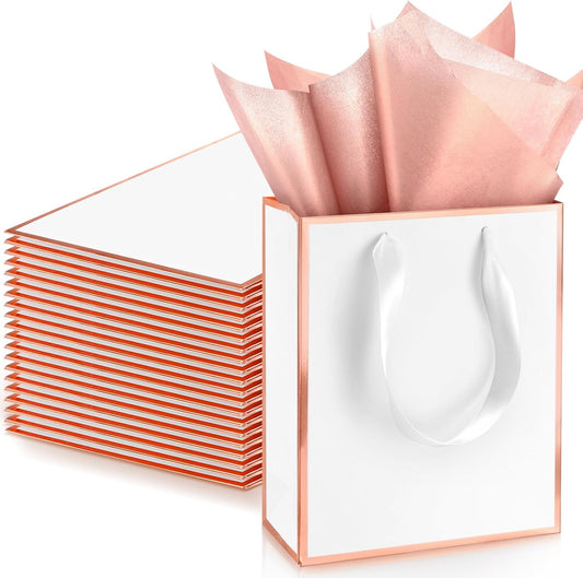 Yeaqee 24 Pack Metallic Paper Gift Bags with Handle and Tissue 9x7x3.1 Gold Foil Welcome Favor Bags Return Gifts for Wedding Fall 5 Senses Christmas Bridesmaid Birthday(White, Rose Gold)