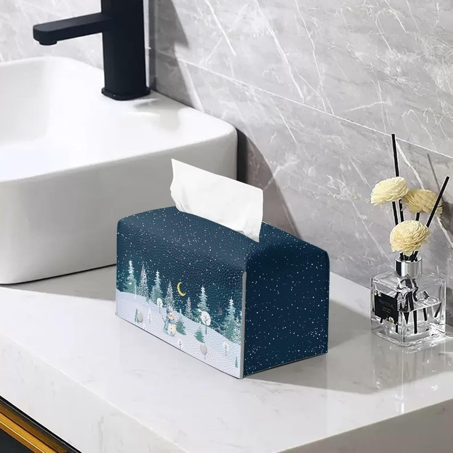 Winter Christmas Tree Snowman 9.7x5.2x5.12 Pu Leather Rectangle Tissue Box Modern Decorative Tissue Box Case Organizer Holder Practical Stable Tissue Box Organizer for Home