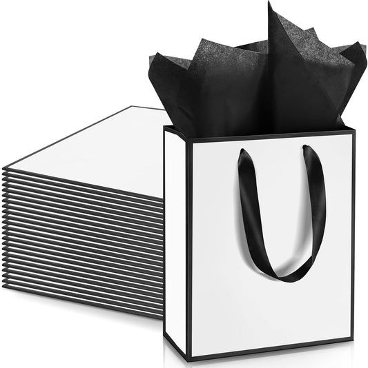 Yeaqee 24 Pack Metallic Paper Gift Bags with Handle and Tissue 9x7x3.1 Gold Foil Welcome Favor Bags Return Gifts for Wedding Fall 5 Senses Christmas Bridesmaid Birthday(White Black)