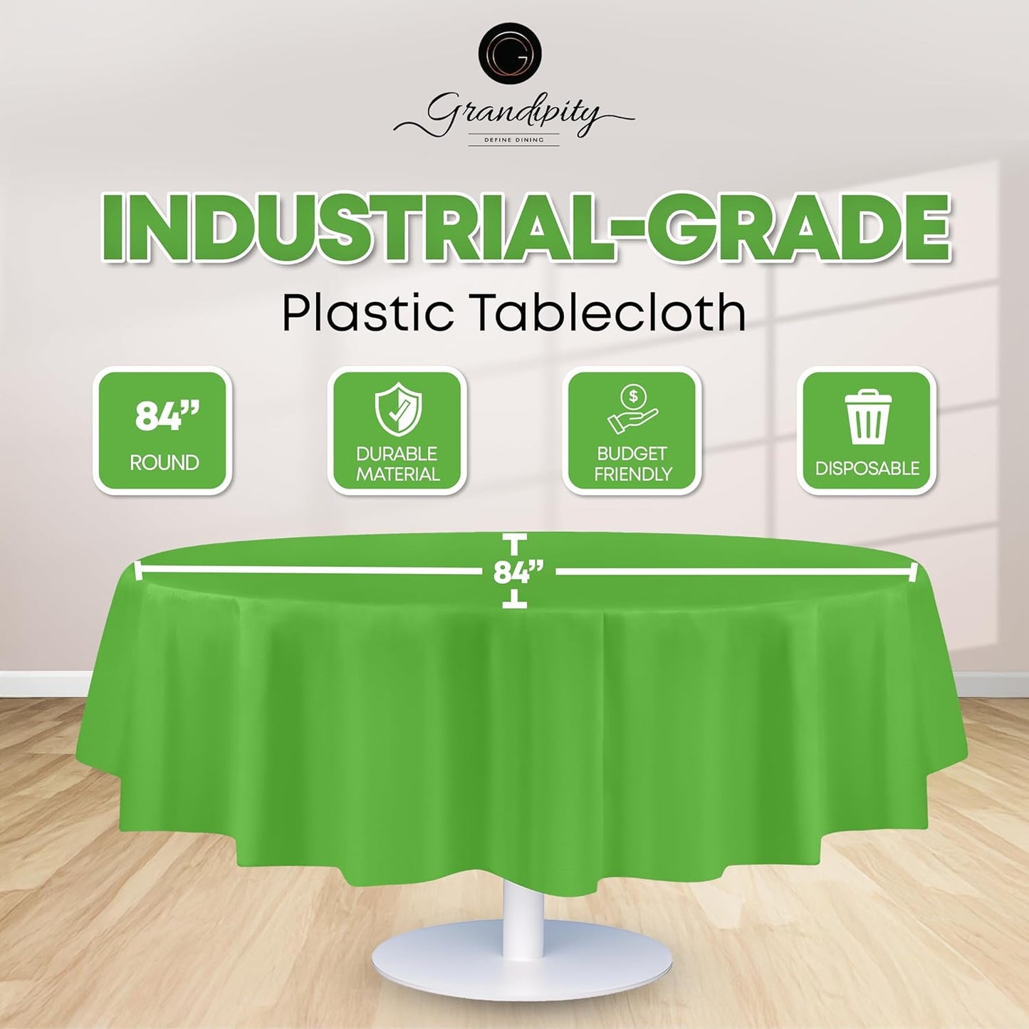 Grandipity 12 Pack Premium Disposable Plastic Tablecloth 84" Inch Decorative Round Table Cover - Lime Green