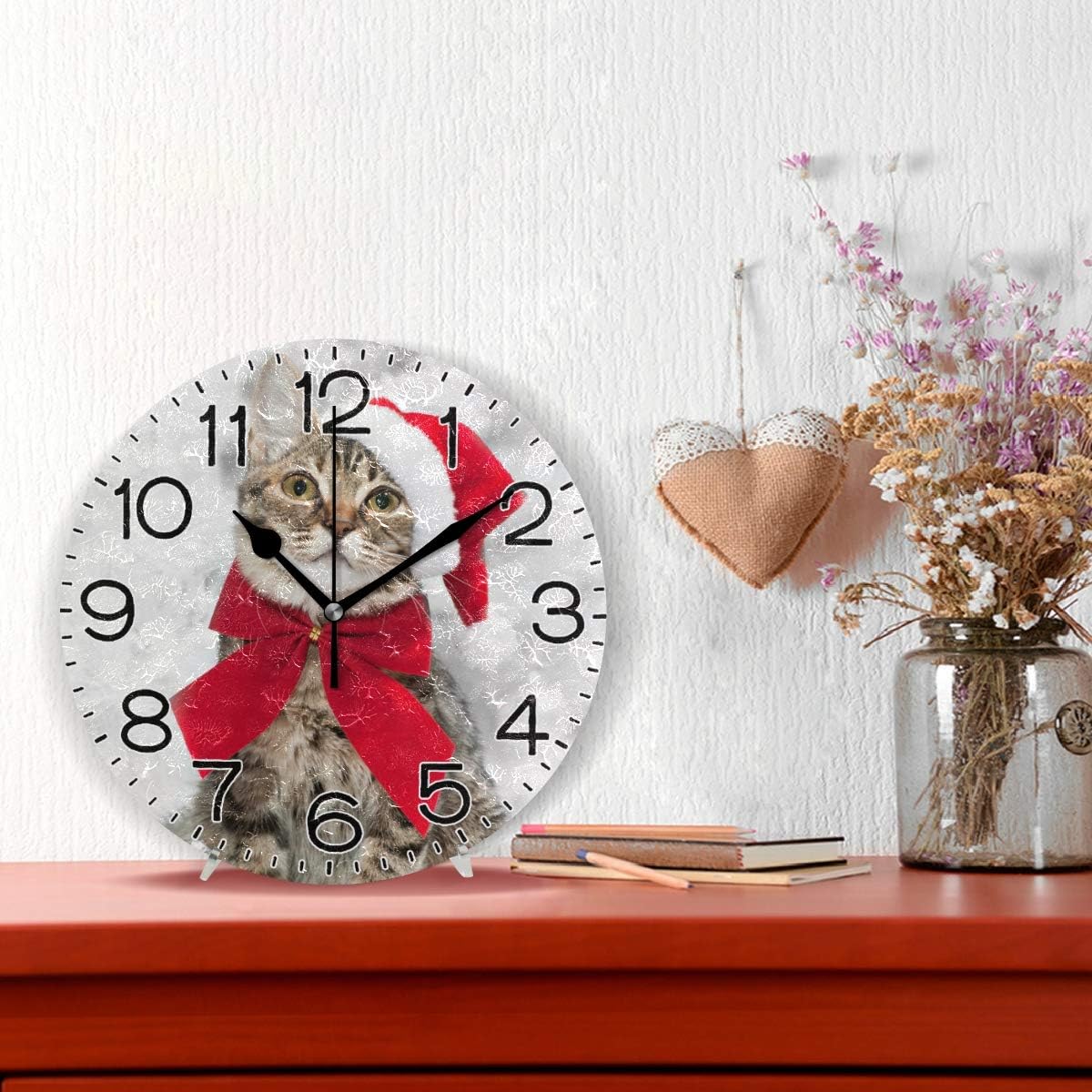 Merry Christmas Cat Red Santa's Hat Wall Clock Battery Operated Non Ticking Silent Quartz Analog Rustic Farmhouse Round Clock Retro Decor for Home Kitchen Living Room Bath