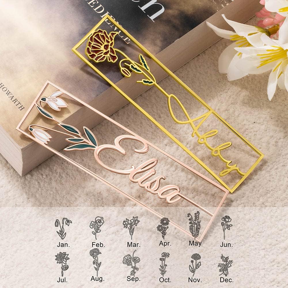 Personalised Bookmark Hand-Made Watercolor Birth Flower Engraved Floral Bookmark with Name Custom Metal Bookmarks Mothers Day Birthday Gifts Retirement for Ladies Women Bookworms Readers
