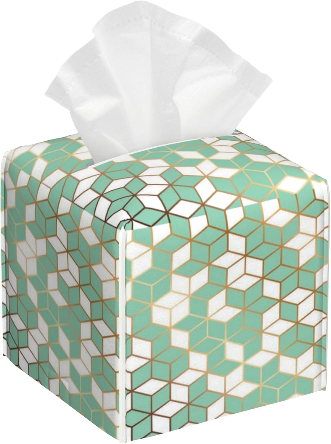 Green Marble Leather Tissue Holder,Golden Geometric Square Tissue Box Cover with Bottom Belt,Modern Decorative Facial Tissue Paper Cover for Bedroom Nightstand Vanity Desk Office,5.2" x 5.2" x 5.2"
