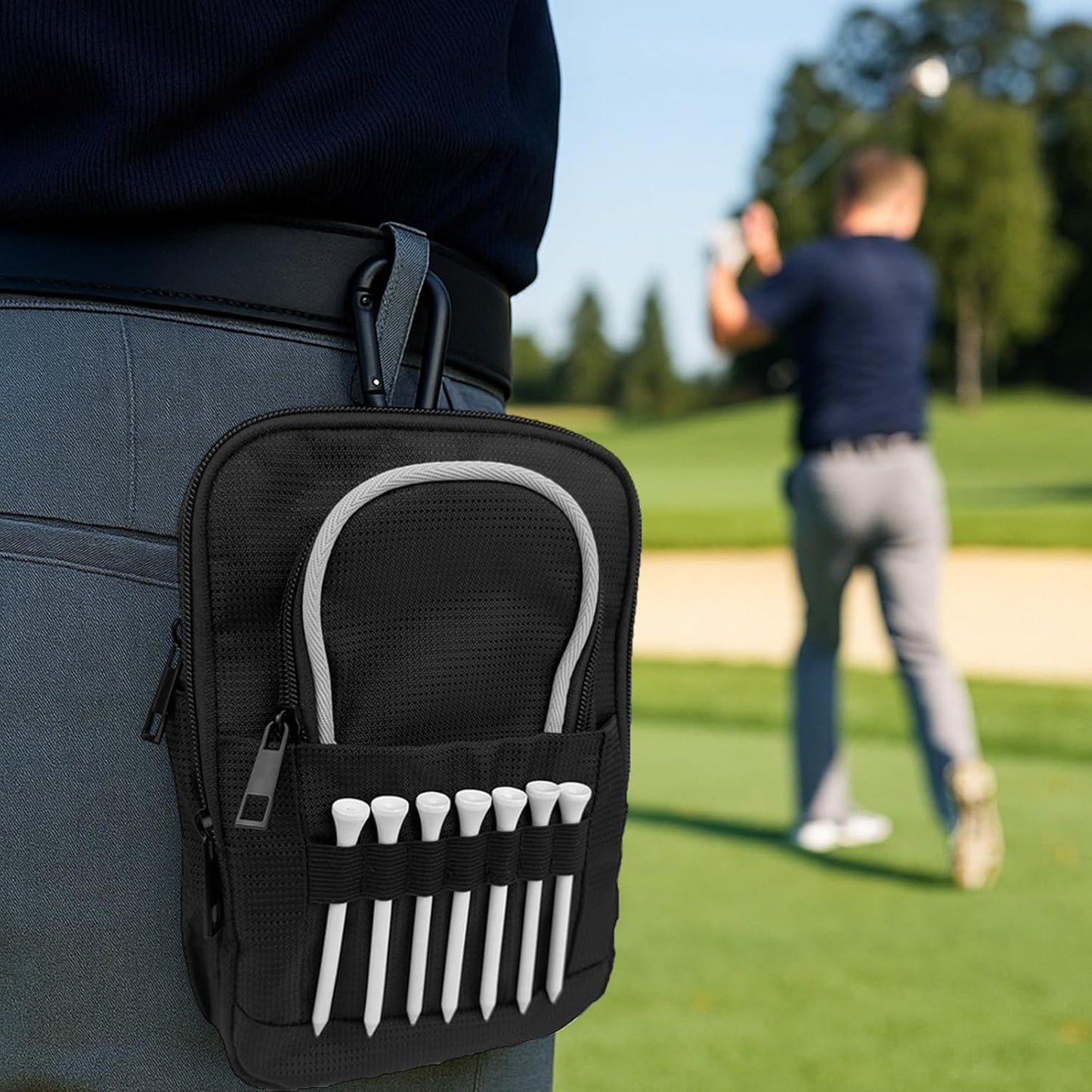 Tactical Golf Valuables Pouch with Clip-On Carabiner – Water-Resistant Golf Tee Bag Pouch for Belt, Cart or Backpack – Compact Golf Accessory Bag for Balls, Tees, Gloves & EDC Gear Black/White