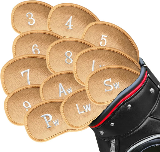 FINGER TEN Premium Synthetic Leather Stylish Iron & Wedge Golf Head Covers Value 12 Piece Set, Embroidered Labels & Fits Most Clubs Gift Set, Travel Protection Accessories
