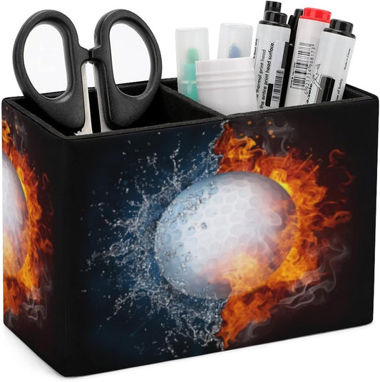 GERRIT Pen Holder for Desk, Golf Ball Fire Water Pencil Holder PU Leather Pen Organizer Desk Pencil Organizer Cute Makeup Brush Holder for School College Office