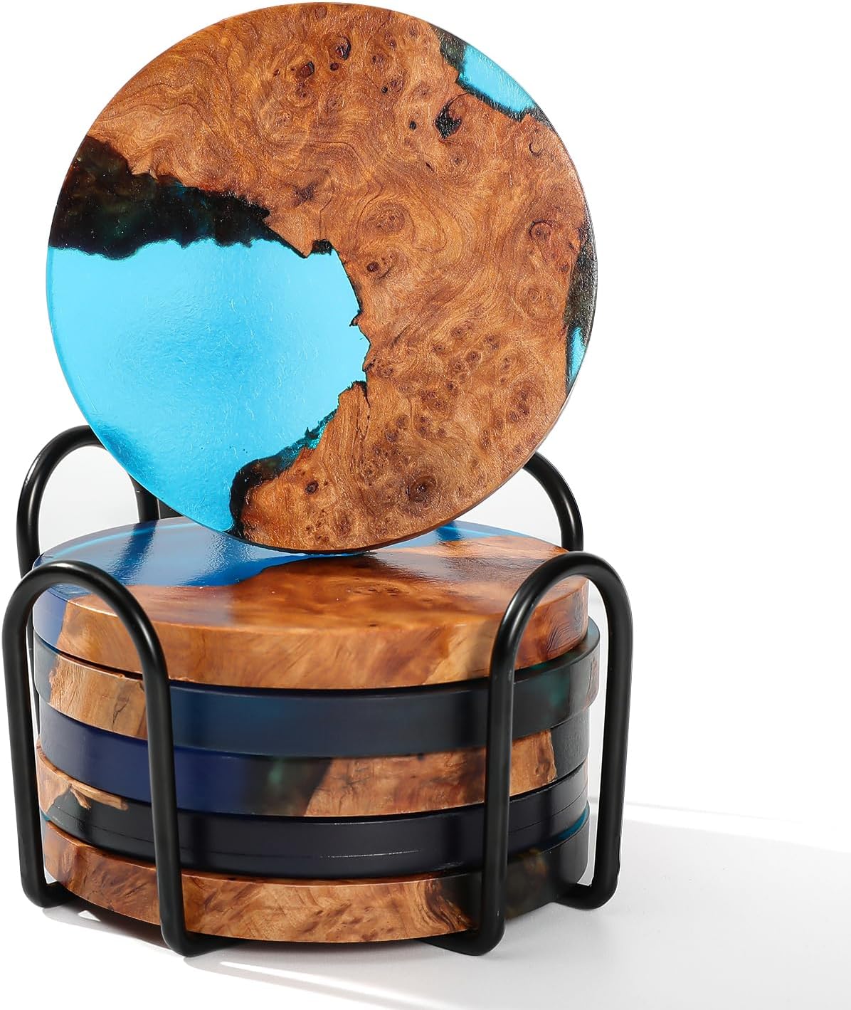 Drink Coaster Set, Wooden Coasters, Resin Coaster for Coffee Table, Tabletop Decorative Artwork, Unique, Handmade & Aesthetically Pleasing for Home, Office, Bar Decor,Coasters Set of 6 with Holder(6)