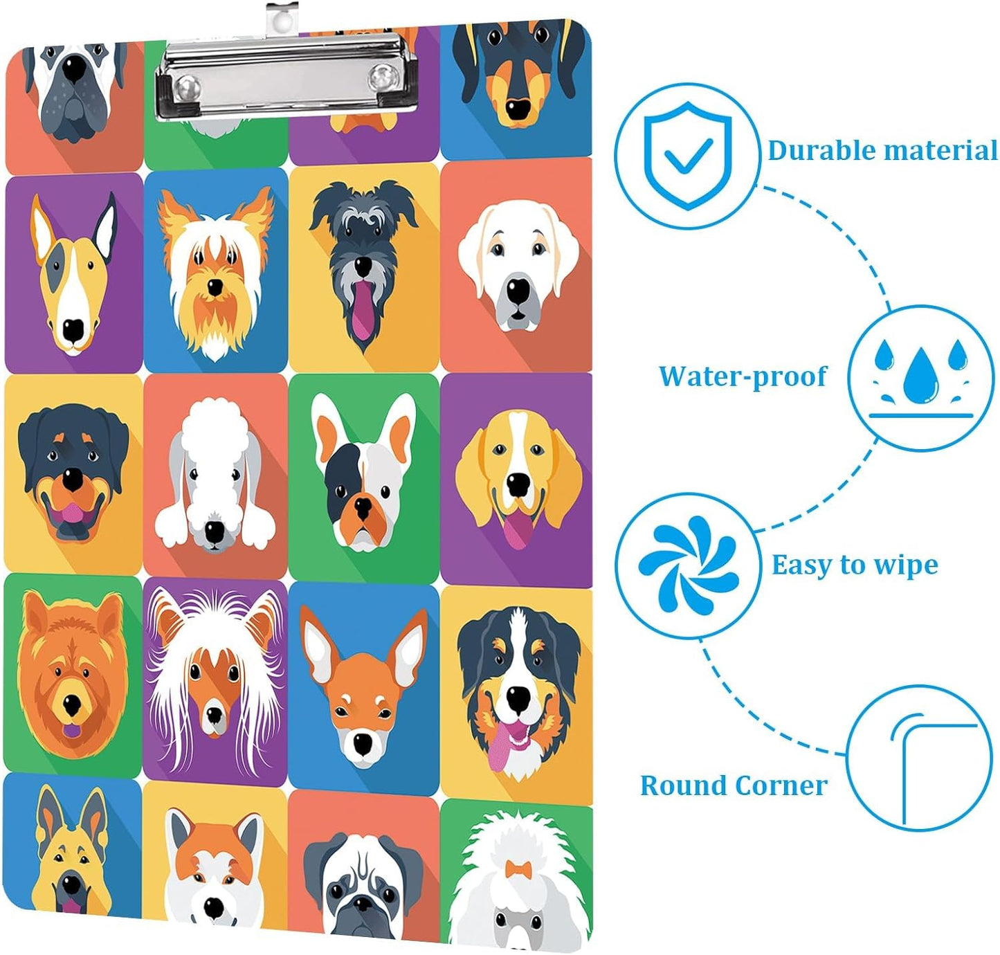 Cartoon Dogs Clipboard Standard A4 Letter Size 12.5 x 8.7 Plastic Clipboard Low Profile Clip Retractable Hanging Tab Decorative Clipboard