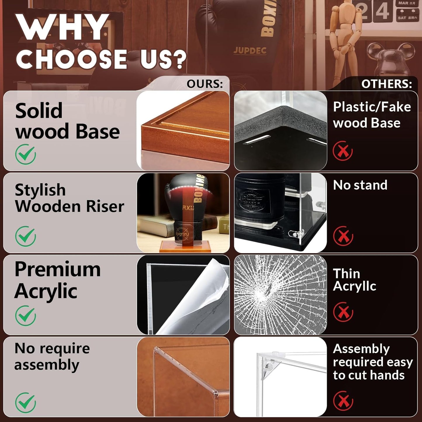 JupDec Boxing Glove Display Case, Clear Acrylic Showcase with Wood Base & Plank for Single Glove, Full Size UV Protection Souvenirs and Collectibles Box, Ideal Gift for Boxing Fans