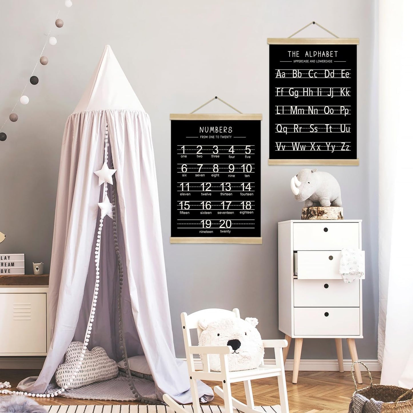 Alphabet and Numbers Wall Chart Set of 2,Kids Educational Posters,ABC and 1-20 Number Learning Banners for Toddlers, Preschool Classroom, Nursery, Playroom Decor14 x 18.5 In(Black and white)
