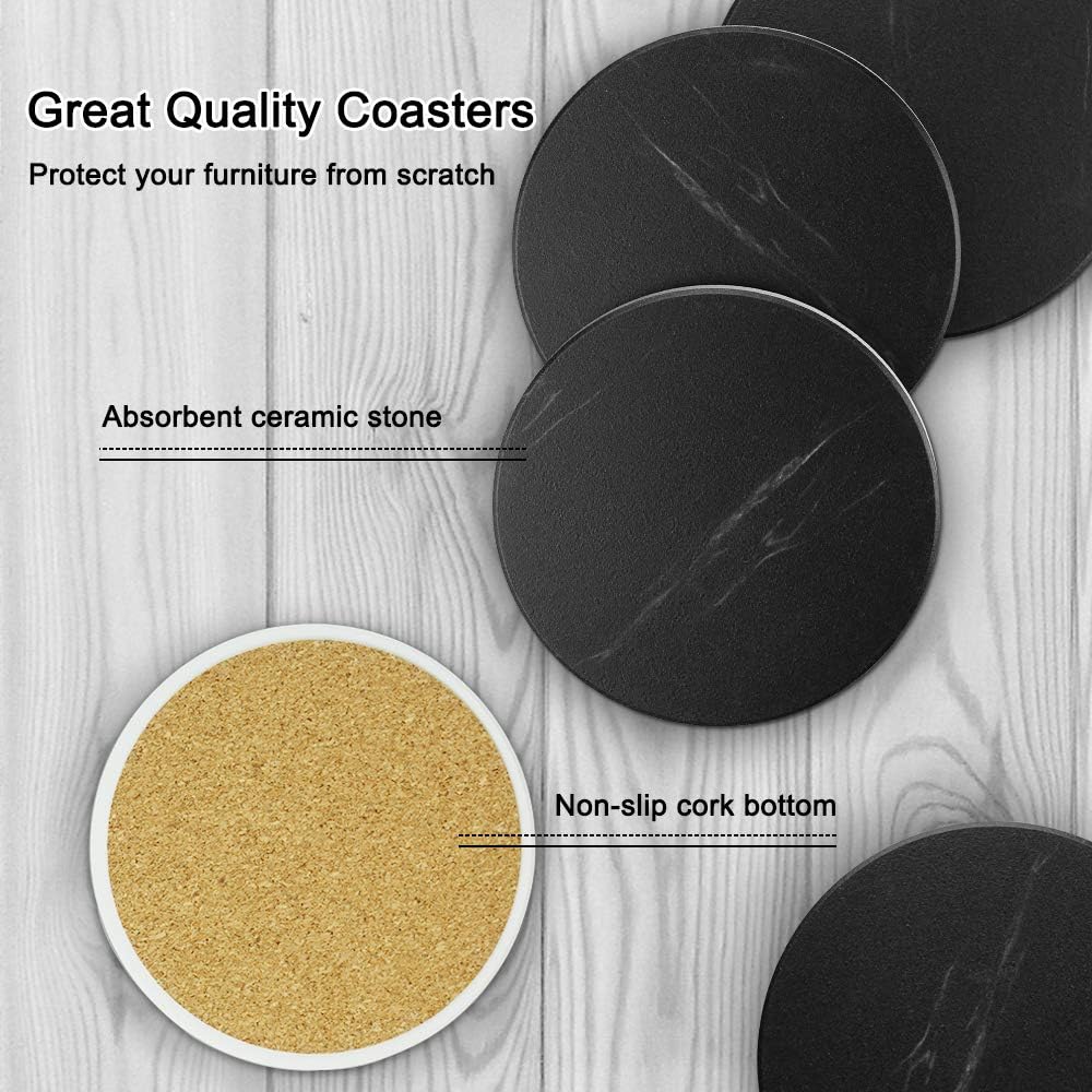EAGMAK Set of 8 Coasters for Drinks, Marble Style Ceramic Drink Coaster with Holder for Coffee Wooden Table Home Decor(Black)