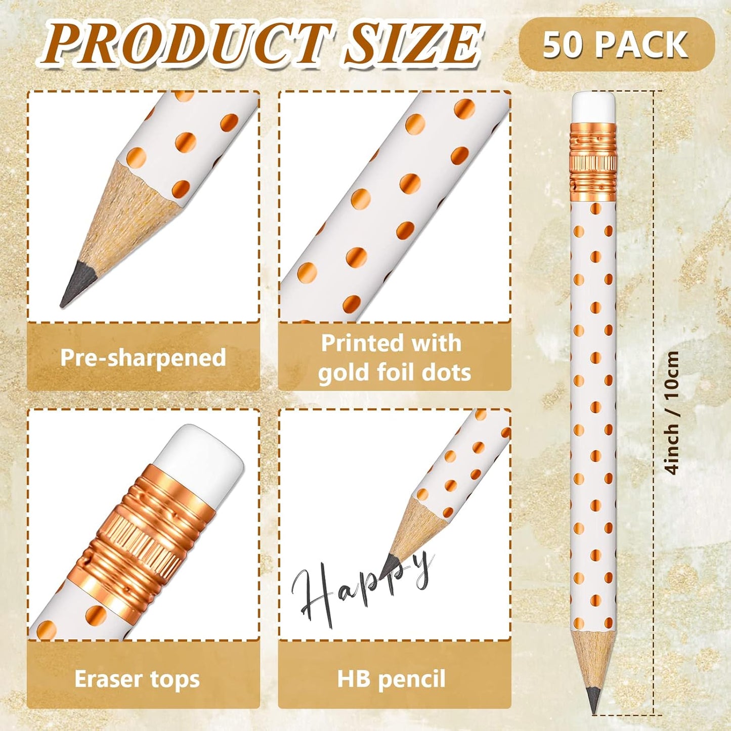 Crtiin 50 Pcs Mini Golf Pencils with Eraser Pre Sharpened 4 Inch Pocket Half Pencils for Bridal Shower Baby Shower Wedding Game School Office Supplies Party Favors Prize Gift(White and Rose Gold,Dot)