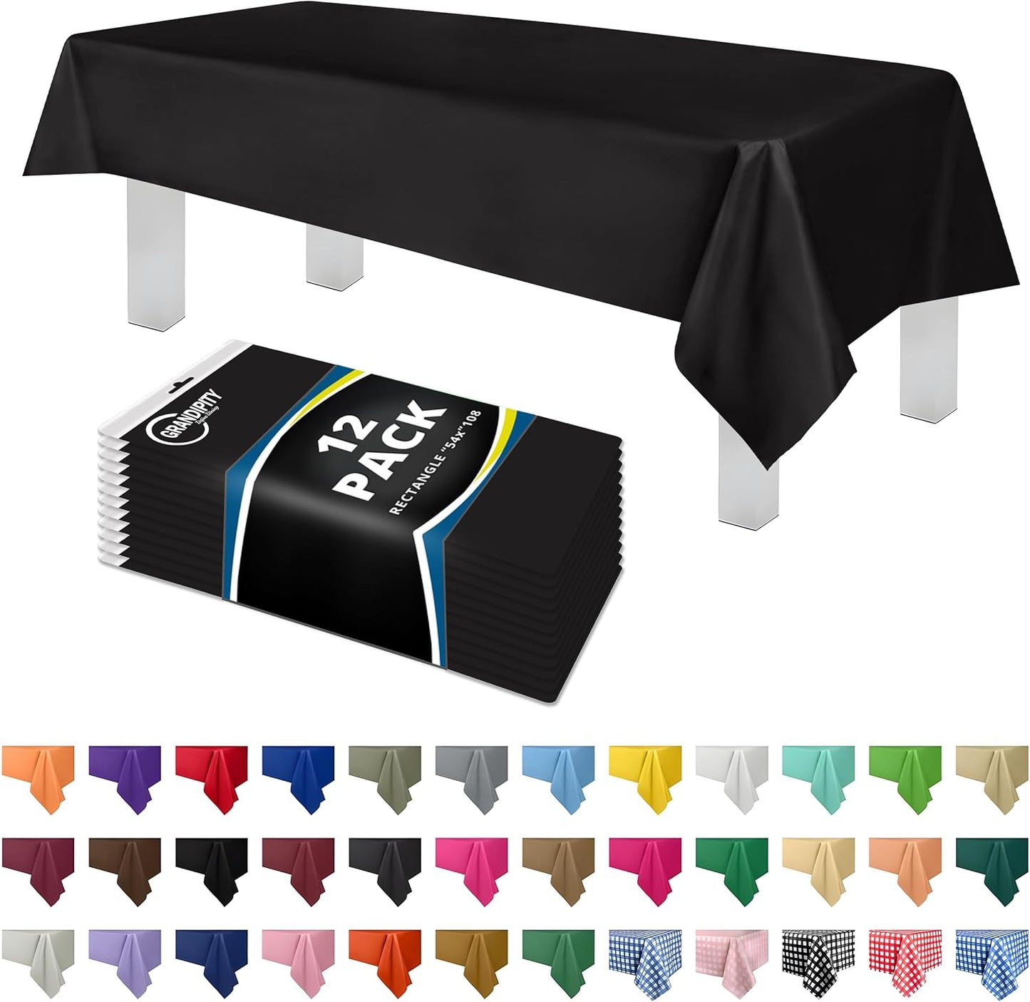 Grandipity 12 Pack Premium Disposable Plastic Tablecloth 54 Inch. x 108 Inch. Decorative Rectangle Table Cover - Black