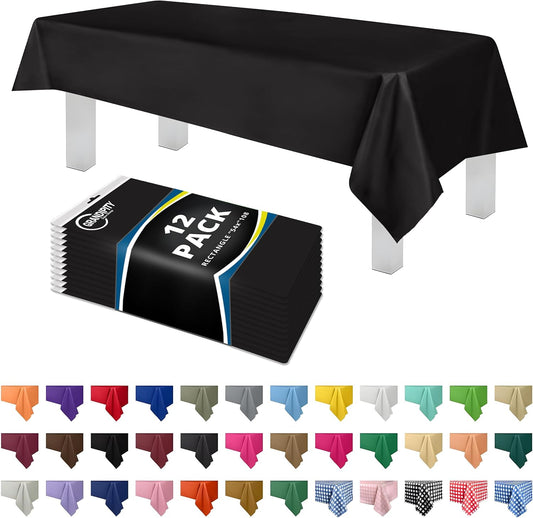 Grandipity 12 Pack Premium Disposable Plastic Tablecloth 54 Inch. x 108 Inch. Decorative Rectangle Table Cover - Black