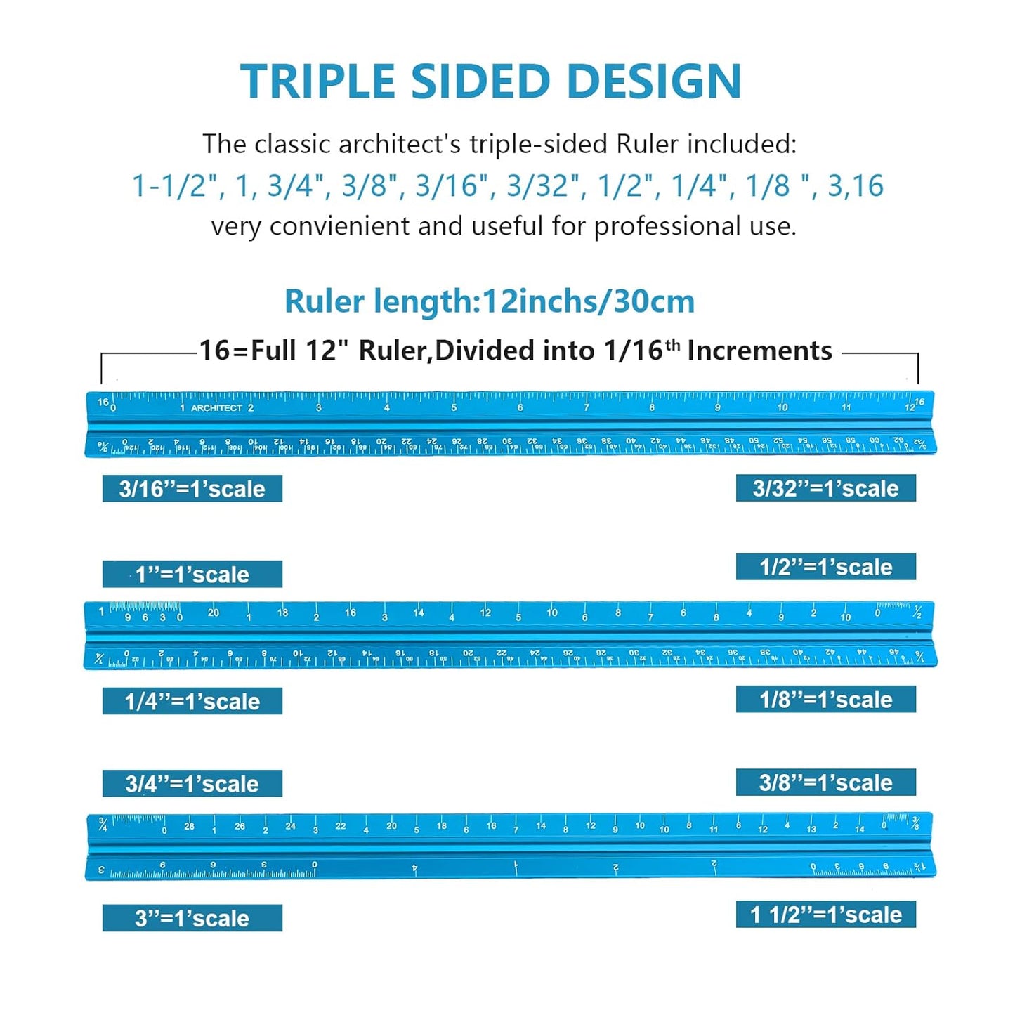 Architectural Scale Ruler, Imperial Measurements 12'', Laser-Etched Aluminum Architect Triangular Ruler for Architects, Students, Draftsman, and Engineers(Blue)