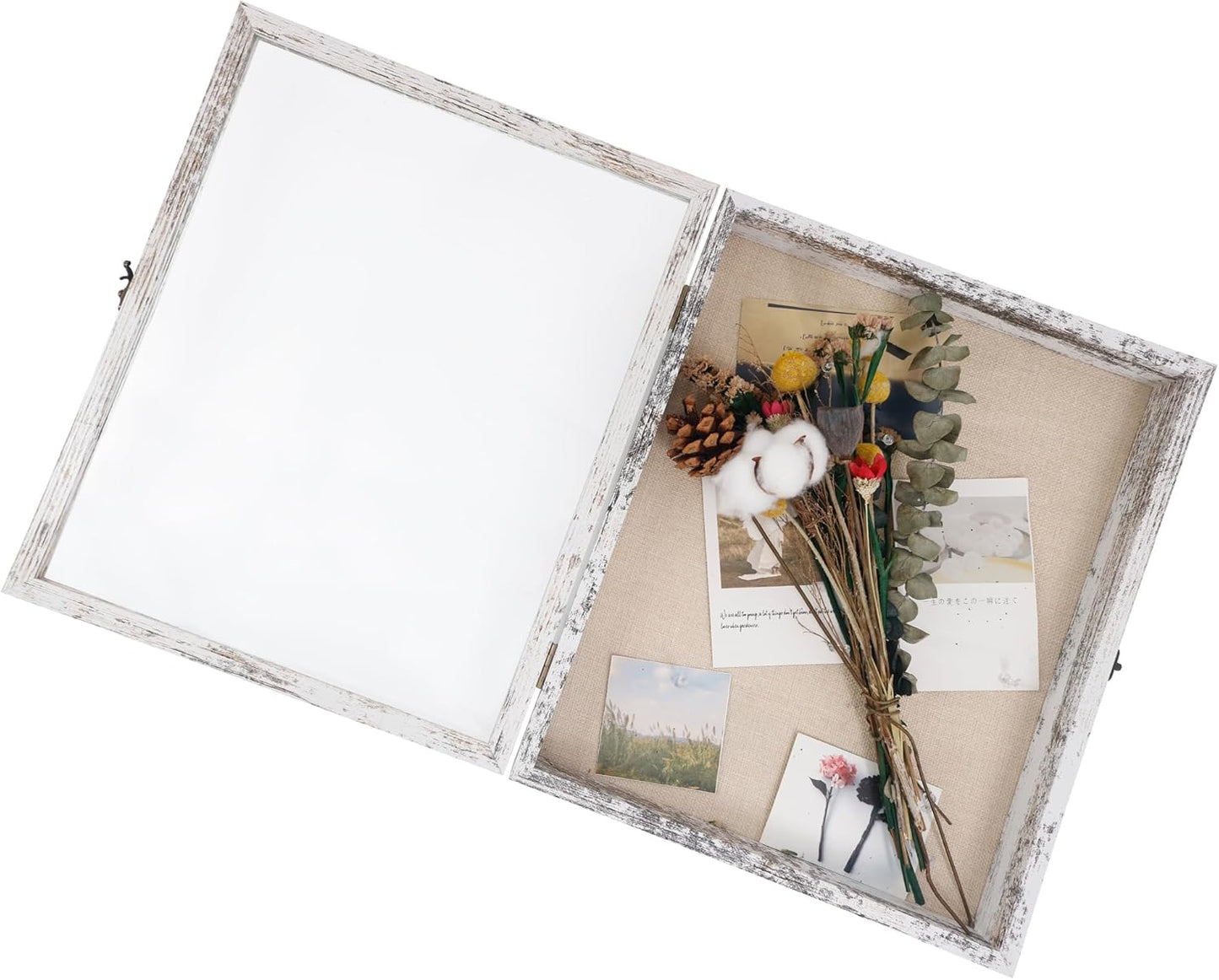 GraduatePro Shadow Box Frame 13X16 Display Case with Linen Back, Real Glass Window Door with Hinge, Picture Frame Wedding Bouquet Memorabilia Medals Photos Memory Box for Keepsakes Rustic White