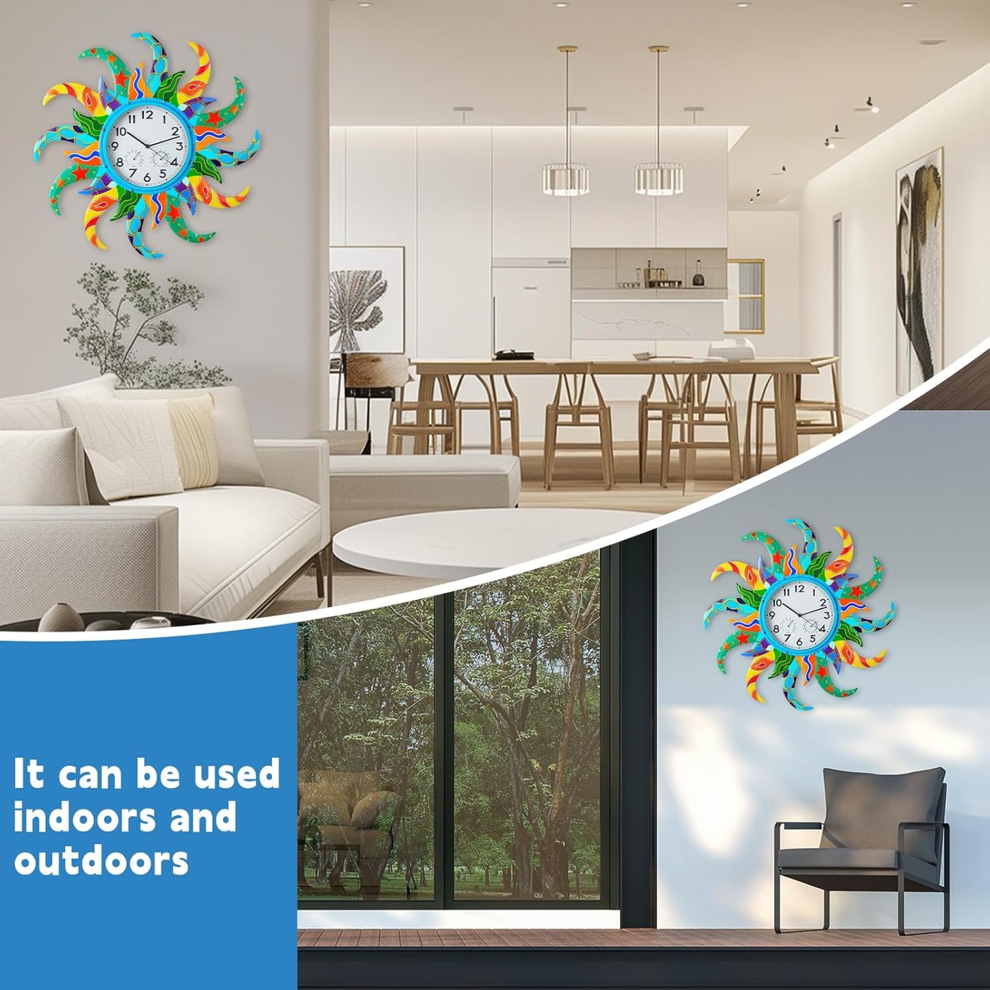 25-Inch Sun-Shaped Outdoor Clock and Thermometer Set, 10-Inch Dial, Battery Powered, Waterproof, Silent Quartz Movement (Blue)