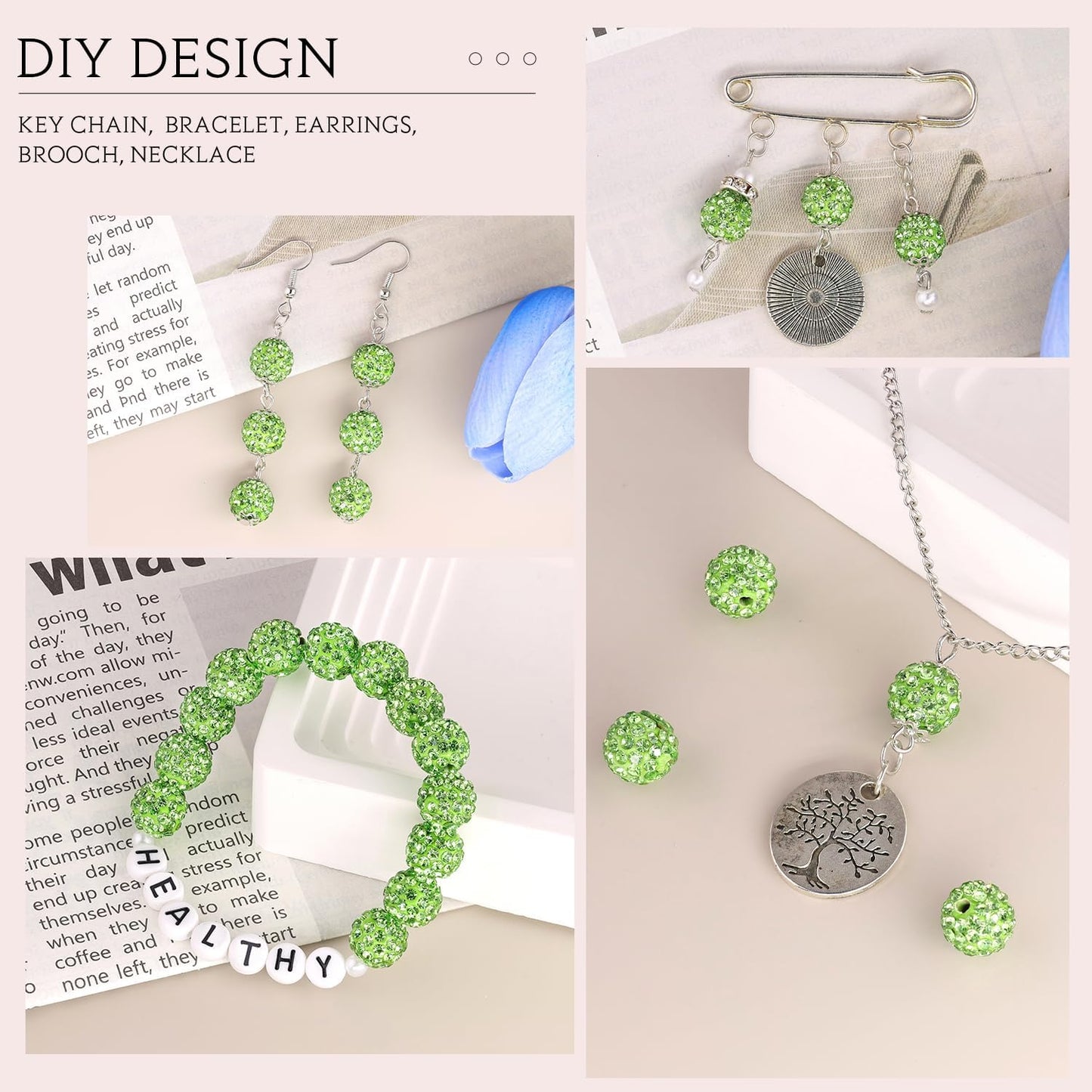 100 pcs 10mm Rhinestone Beads for Jewelry Making, Light Green Shiny Round Shamballa Disco Beads Bulk, Sparkle Crystal Clay Christmas for Bracelet Baseball Necklace Earring Crafting and DIY