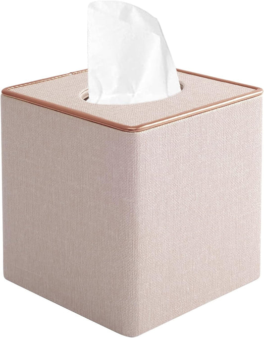 Tissue Box Cover Square Tissue Box Holder PU Leather Facial Organizer with Magnetic Bottom,Decorative Napkin Caddy for Vanity Dresser Night Stand Table Countertop Home Office Car,Beige