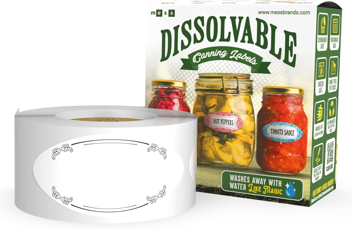 MESS Dissolvable Canning Labels - 1x2.25 in, 150/Roll - Removable Mason Jar Labels - Jam, Preserves (Leaves)