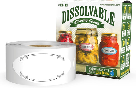 MESS Dissolvable Canning Labels - 1x2.25 in, 150/Roll - Removable Mason Jar Labels - Jam, Preserves (Leaves)