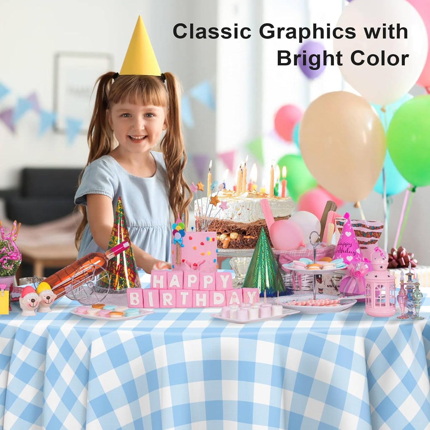 6 Pack Blue and White Checkered Tablecloth, Round Blue Gingham Plastic Table Cloths for Parties Disposable, 84x84 in Waterproof Camping Tablecloth for Birthday Party Baby Shower Picnic School