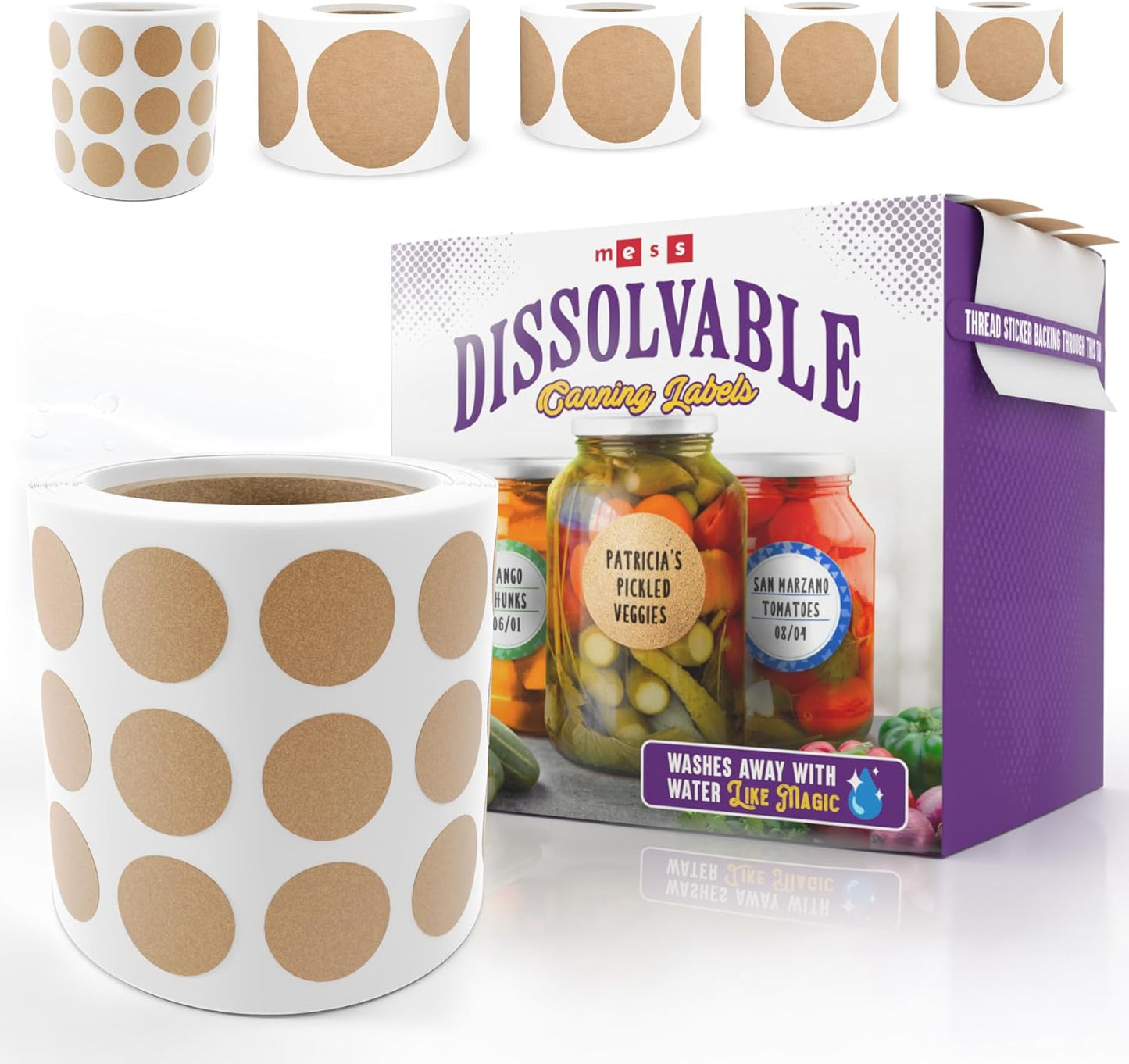 MESS Dissolvable Canning Labels, 0.5" Round, 200-Pack – Removable Kraft Mason Jar Stickers for Homemade Jam, Food Storage & Containers