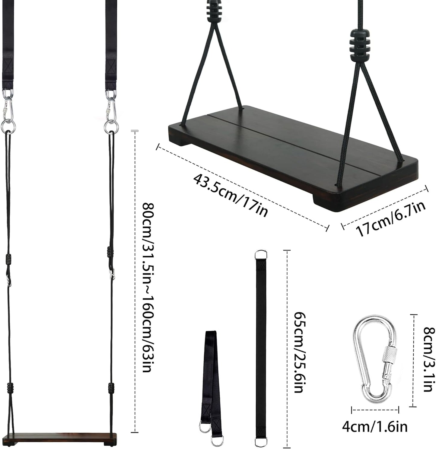 KINSPORY Wooden Swing Seat, Outdoor Swing Set Accessories for Backyard, Height Adjustable Rope with Hanging Tree Straps Kit for Porch Patio Garden Playgroud (Brown)