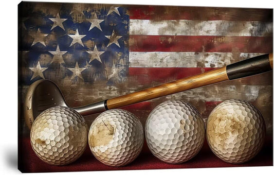 Golf Canvas Wall Art Vintage Golf Ball with American Flag Painting Artwork Leisure Sports Poster Golf Pictures for Living Room Office Club Home Decorations Framed Ready to Hang (28 x 44 inch)