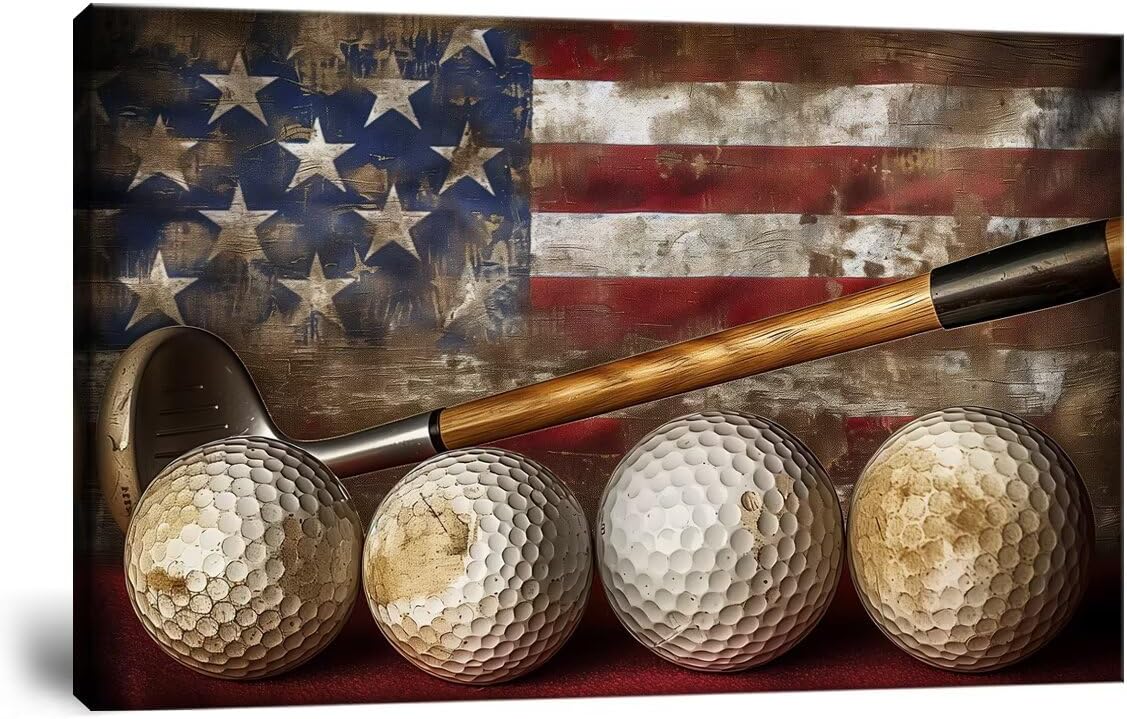 Golf Canvas Wall Art Vintage Golf Ball with American Flag Painting Artwork Leisure Sports Poster Golf Pictures for Living Room Office Club Home Decorations Framed Ready to Hang (24 x 36 inch)