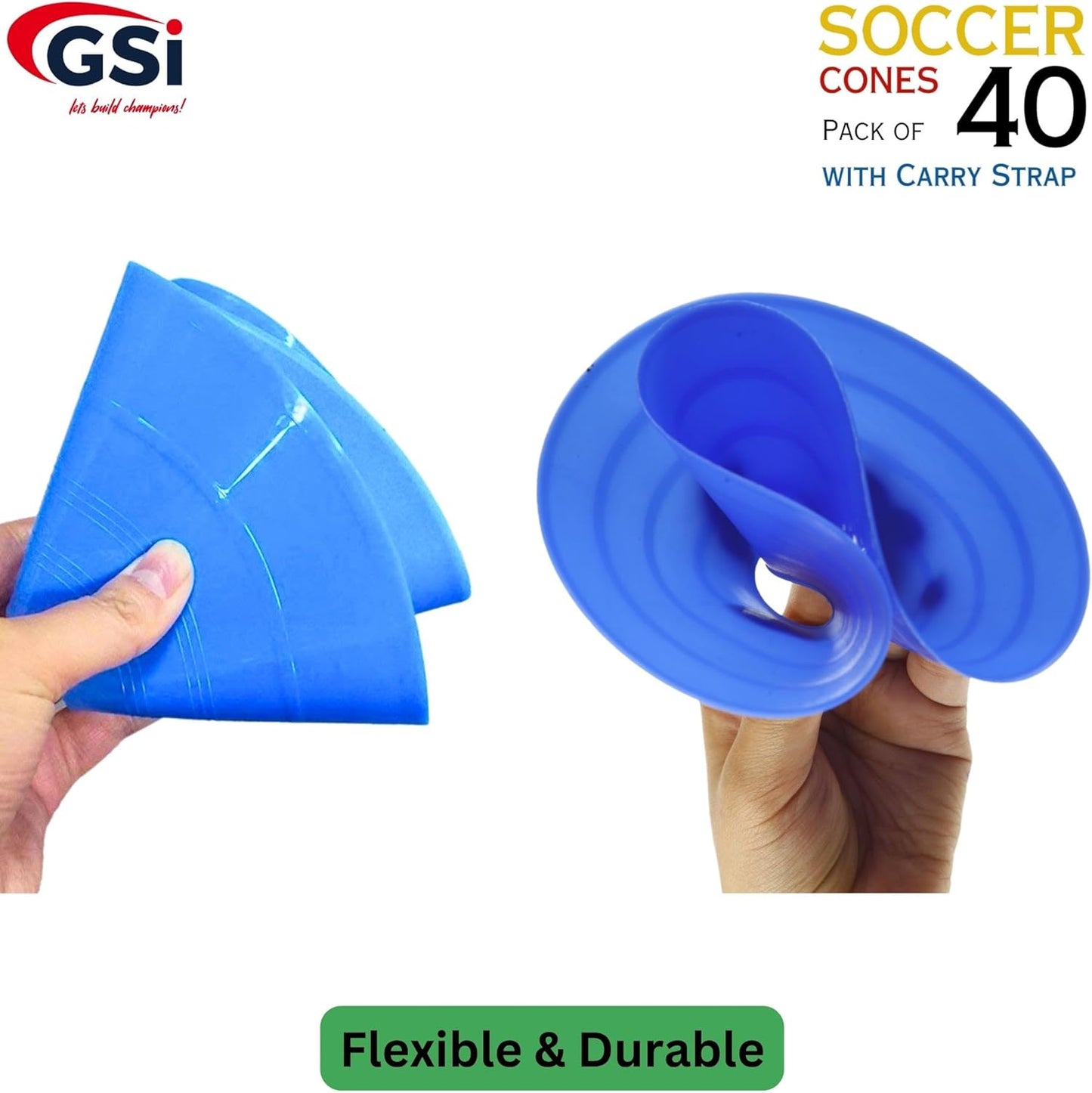GSi Sports Cones | 40 Pack Training Cones with Strap for Agility Drills, Soccer, and Sports Practice and Shapes