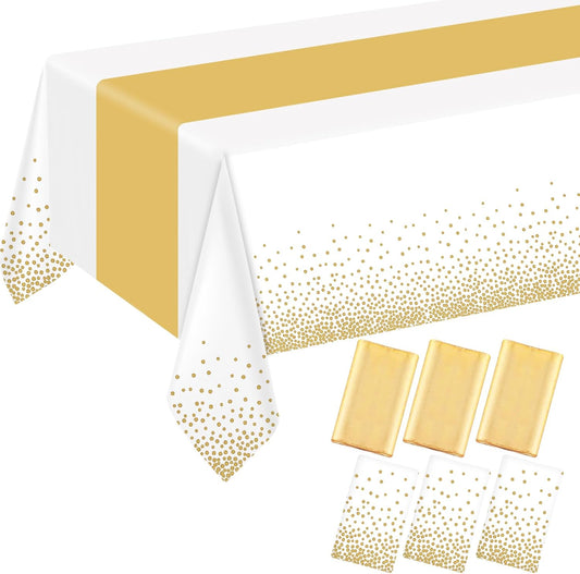 6 Pack Rectangle Plastic Dot Tablecloth Set, 54 X 108 Inch Plastic Table Cover, 12 x 108 Inch Satin Table Runners for Wedding Graduation Birthday New Year Party Decorations (White, Gold)