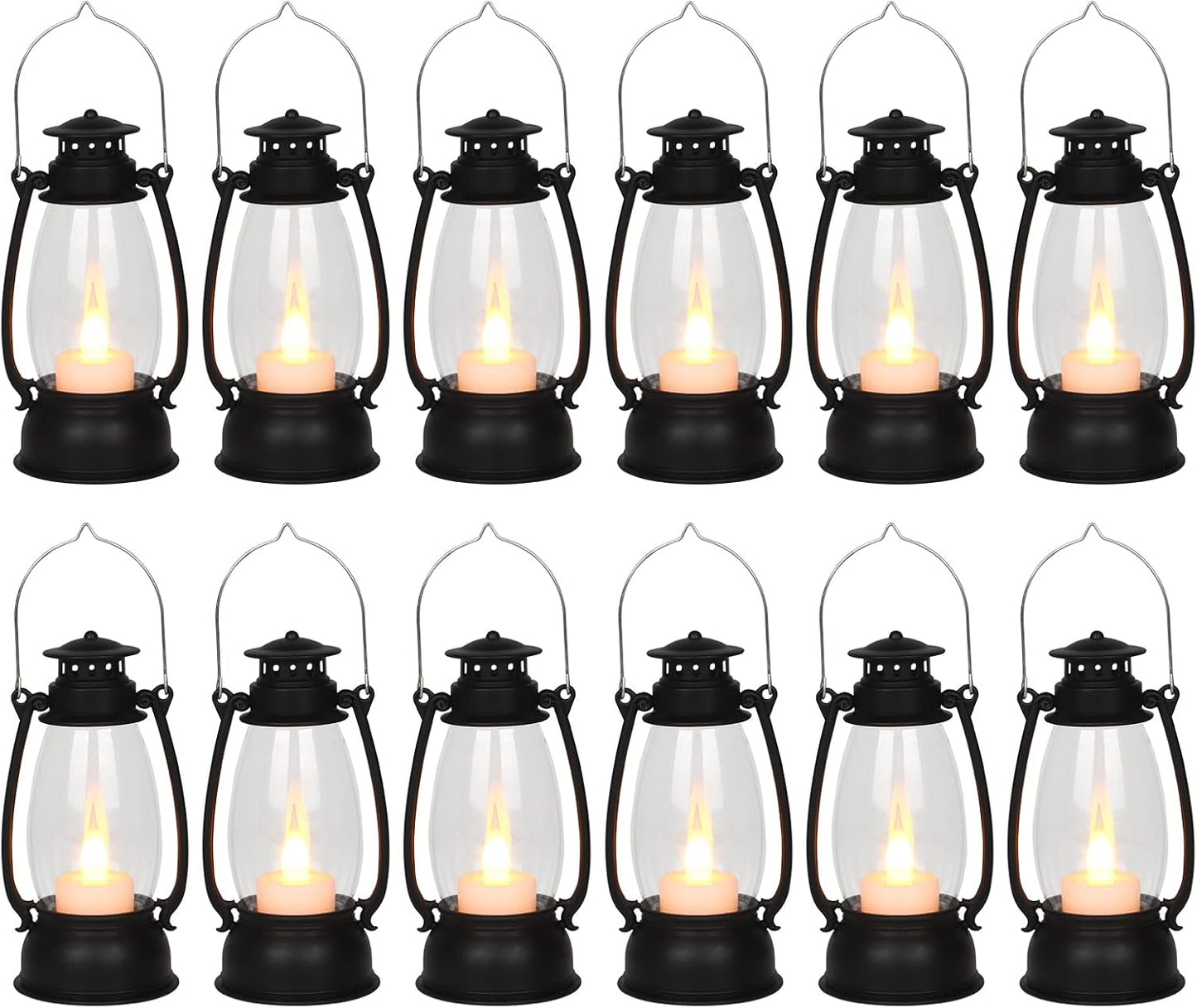 12Pcs Mini Lantern for Cowboy Halloween Christmas Wedding, Black 6" Candle Lantern with Flickering LED for Camping Western Party Decorations, Table Centerpiece, Hanging Lamp Ornaments Bulk