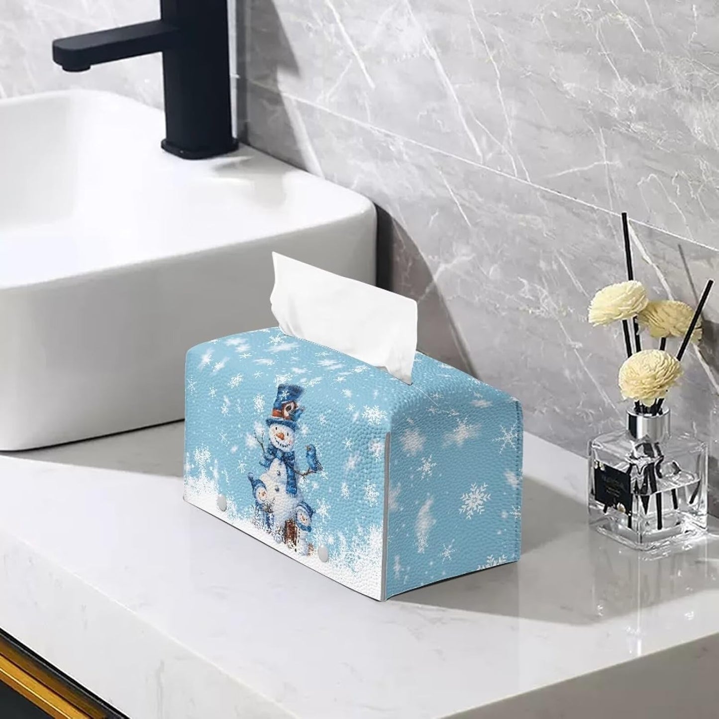 Cute Snowman Tissue Box Cover - PU Leather Rectangle 9x5x5 Decorative Box Holder for Home, Office, Car, Desk, Bathroom