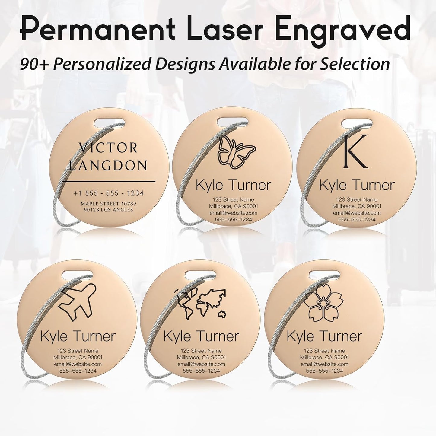 Customized Stainless Steel Luggage Tags: Personalize Your Suitcases, Backpacks, and Bags with Your Text (Rose Gold)