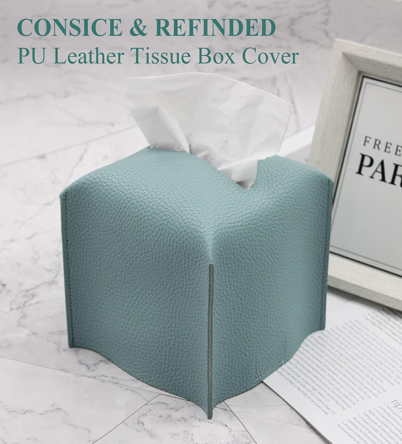 Livelab Tissue Box Cover, Square Decorative PU Leather Tissue Box Holder Modern Tissue Case Facial Paper Organizer Dispenser for Bathroom, Vanity Countertop, Night Stands, Desk 5X5X5'' | Blue