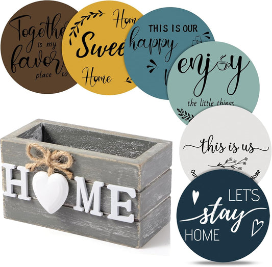 Queekay Housewarming Gifts for Home Decoration Wooden Heart Coasters for Drinks 6 Set Farmhouse Coasters with Holder Funny for Family Coffee Table Protection, 4''(Blue)