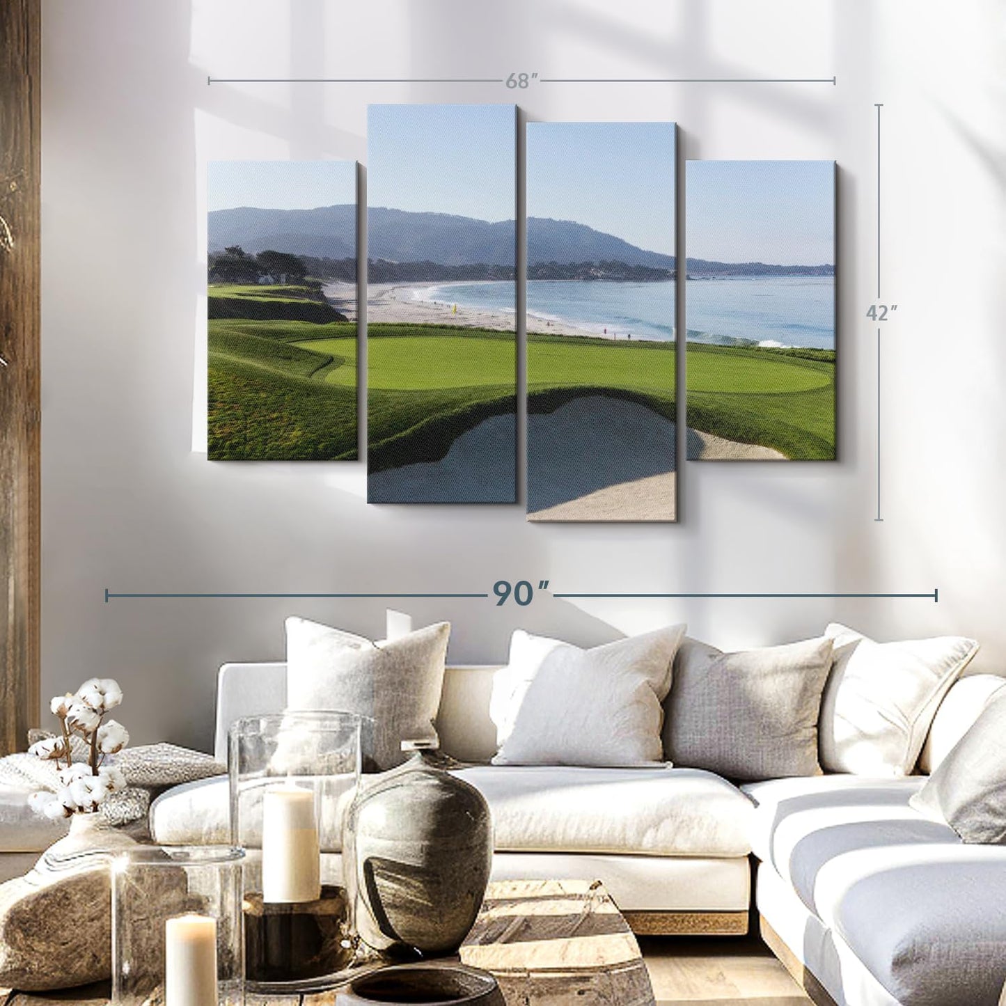 Elephant Stock Monterey CA Golf Course Wall Art - Horizontal Canvas - 4-Piece Living Room Wall Decor - Photography Sports Canvas Print - Blue and Green Decor for Wall - 68" X 42"