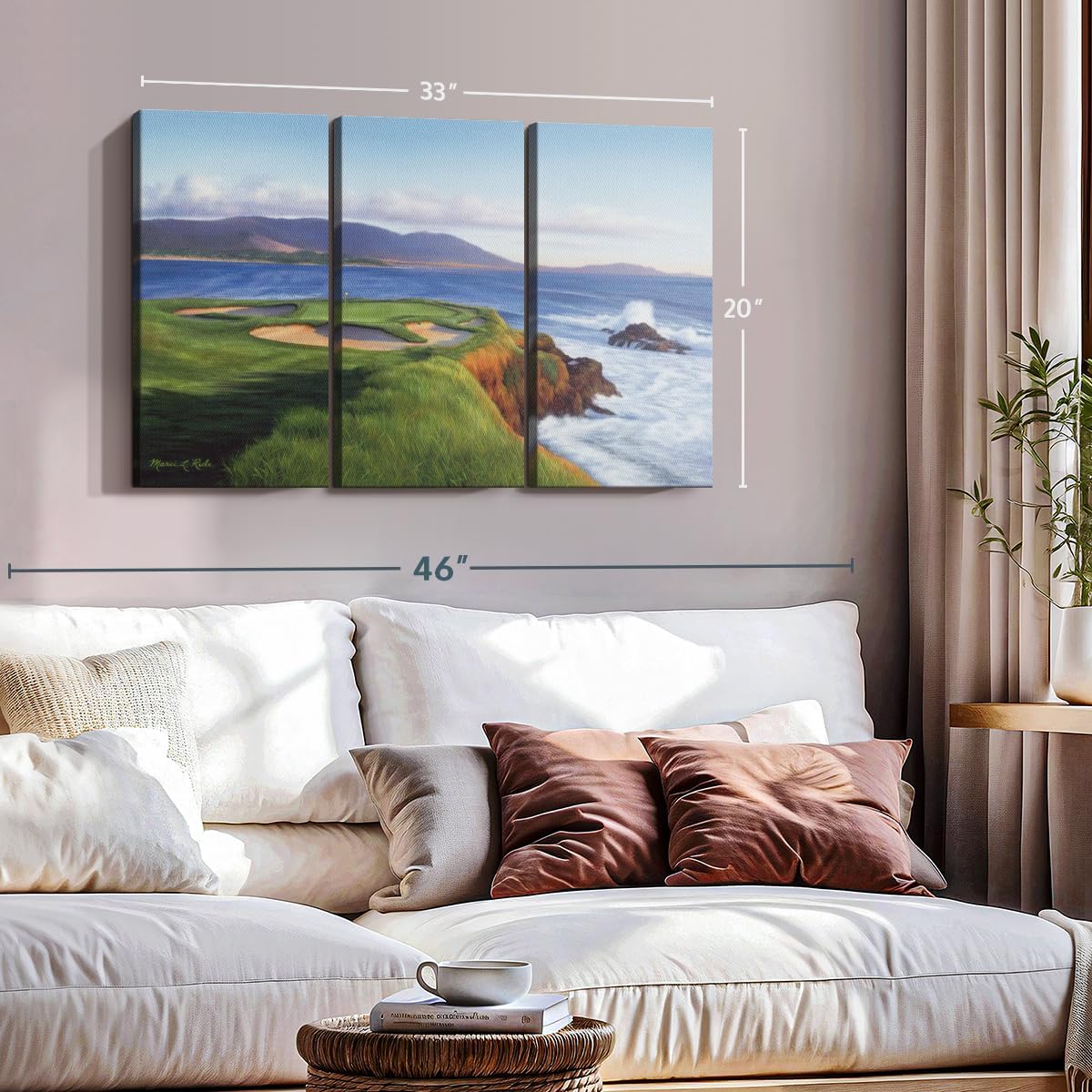 ElephantStock Pebble Beach 7th Hole Wall Art - Horizontal Canvas - 3-Piece Living Room Wall Decor - Painting Sports Canvas Print - Green and Blue Decor for Wall by Marci Rule - 33" X 20"